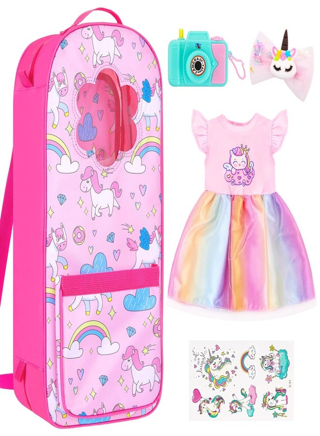 18INDC 18 Inch Doll Storage Bag - 5PCS Unicorn Theme 18In Doll Accessories Set with Rainbow Dress, Hair Clip, Camera, Stickers & Fashion 18 Inch Dolls Carrier Bag | Perfect for 18" Dolls - Image 1